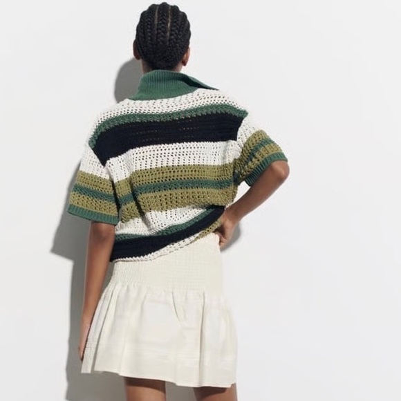 Zara Colorblock Striped Button Down Crochet Knit Polo Cardigan Sweater, Medium - Picture 3 of 14